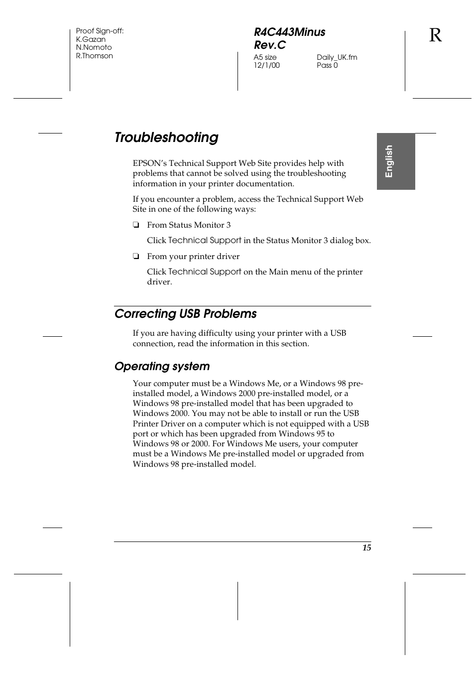 Troubleshooting, Correcting usb problems, Operating system | R4c443minus rev.c | Epson 480SXU User Manual | Page 16 / 24