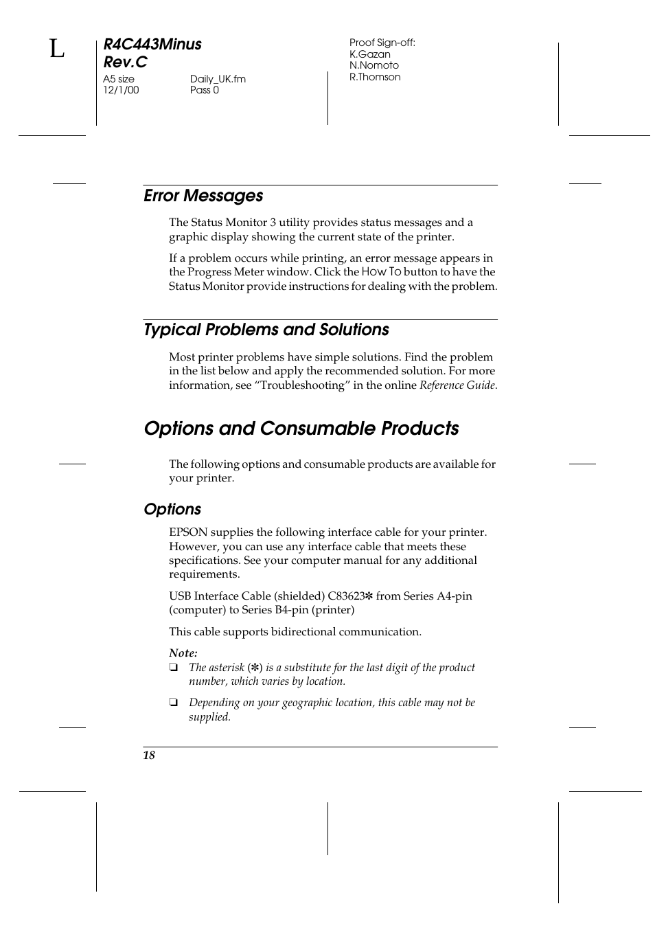 Error messages, Typical problems and solutions, Options and consumable products | Options, Error messages typical problems and solutions, R4c443minus rev.c | Epson 480SXU User Manual | Page 19 / 24