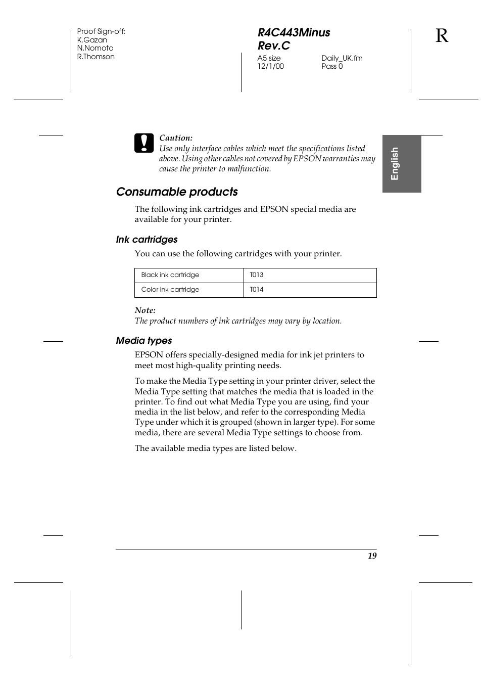 Consumable products, Ink cartridges, Media types | R4c443minus rev.c | Epson 480SXU User Manual | Page 20 / 24