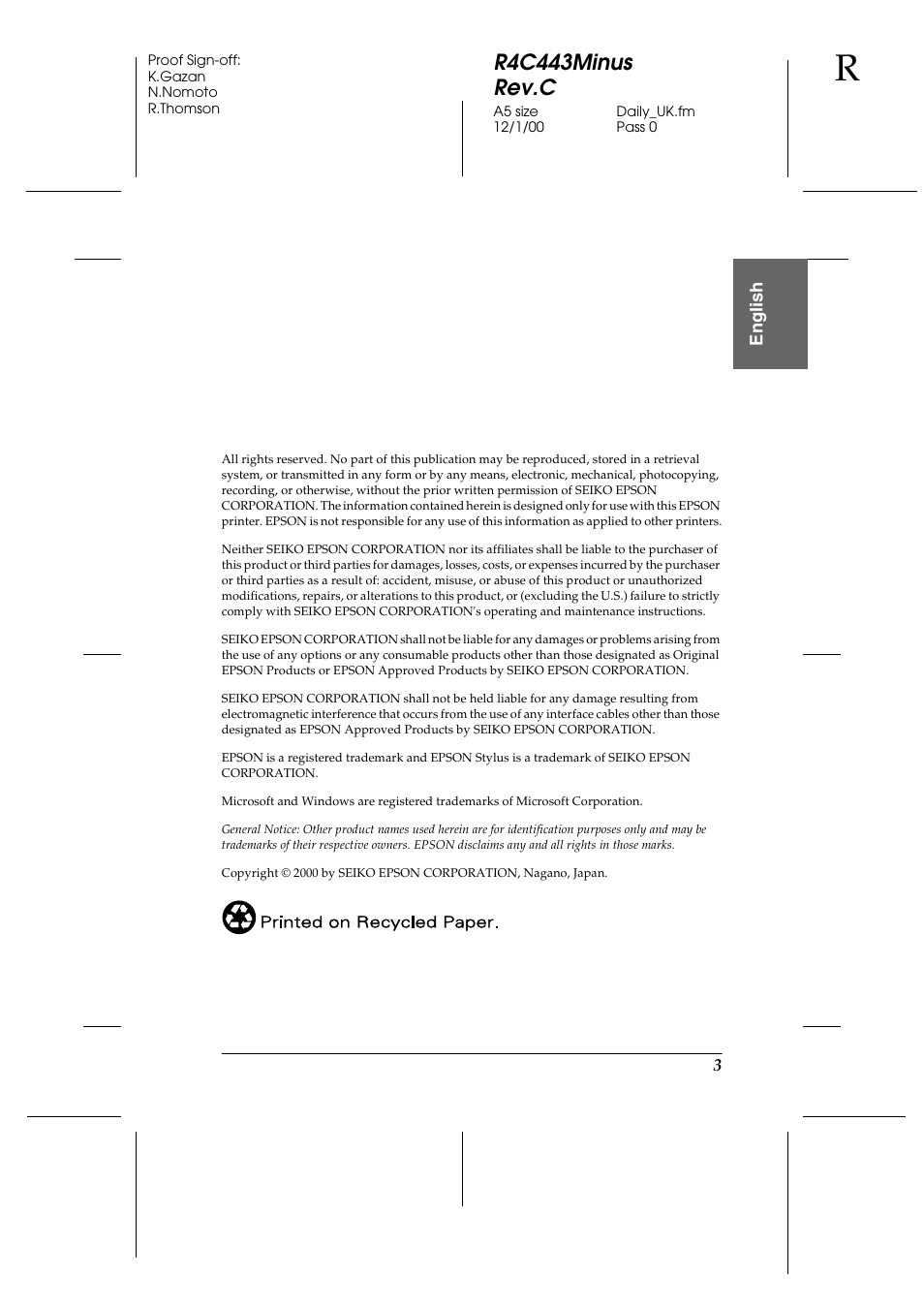 Copyright, R4c443minus rev.c | Epson 480SXU User Manual | Page 4 / 24