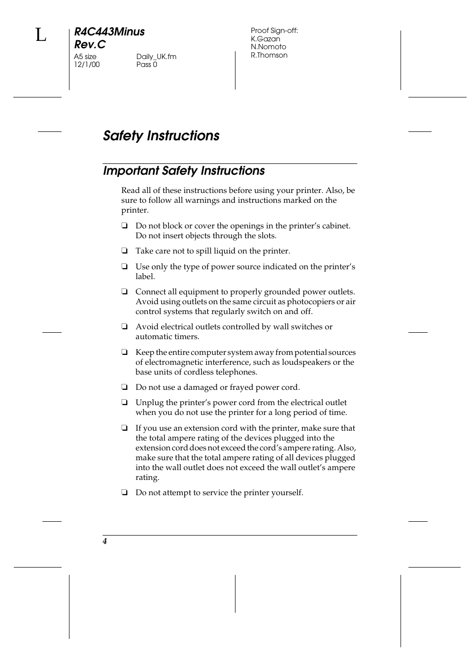 Safety instructions, Important safety instructions, R4c443minus rev.c | Epson 480SXU User Manual | Page 5 / 24