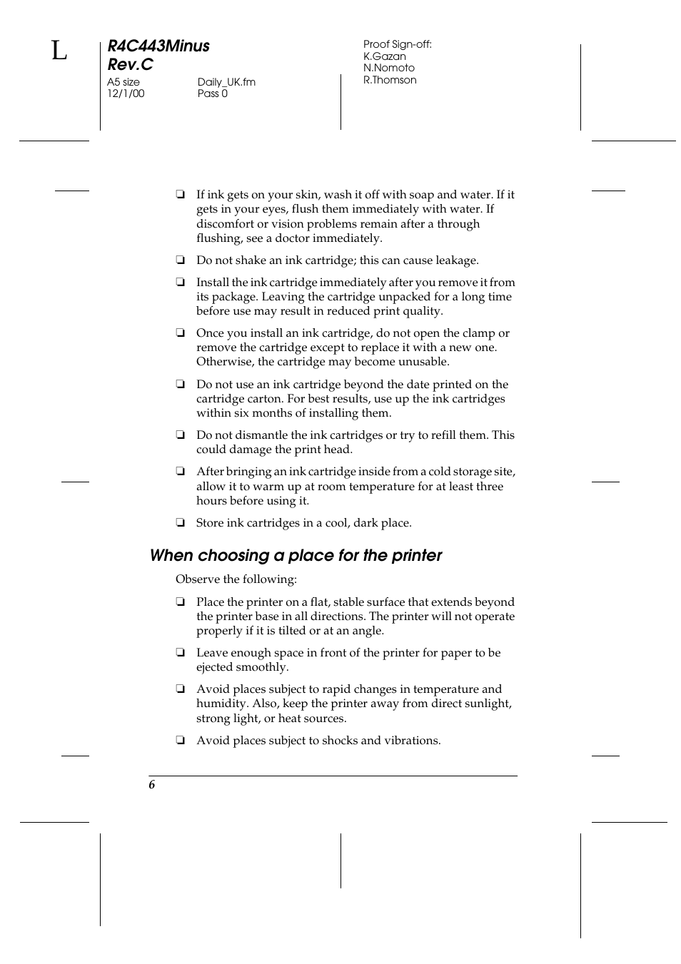 When choosing a place for the printer, R4c443minus rev.c | Epson 480SXU User Manual | Page 7 / 24