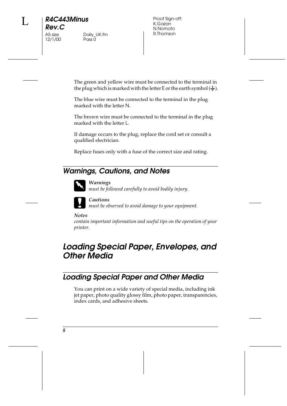 Warnings, cautions, and notes, Loading special paper, envelopes, and other media, Loading special paper and other media | Epson 480SXU User Manual | Page 9 / 24