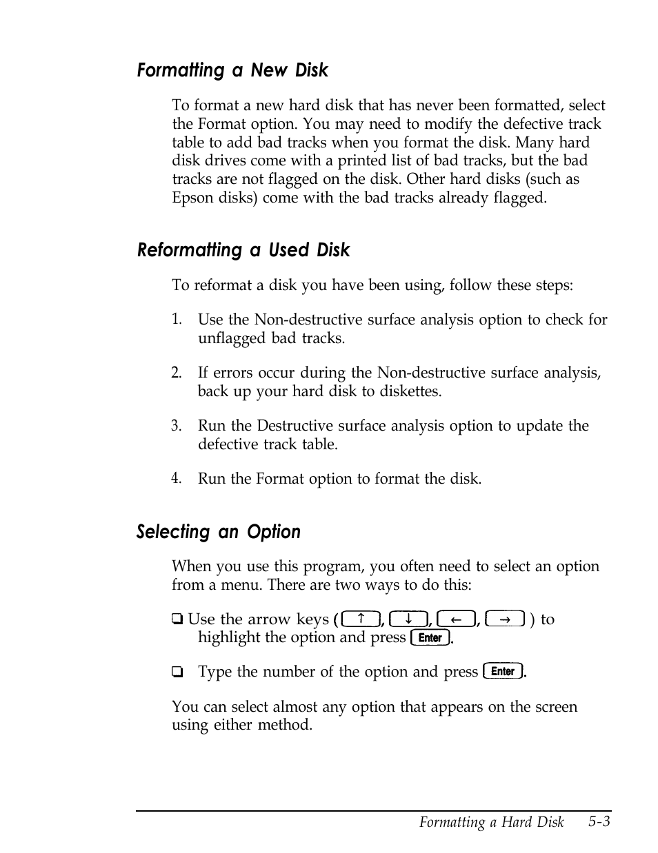 Formatting a new disk, Reformatting a used disk, Selecting an option | Epson Endeavor User Manual | Page 121 / 197