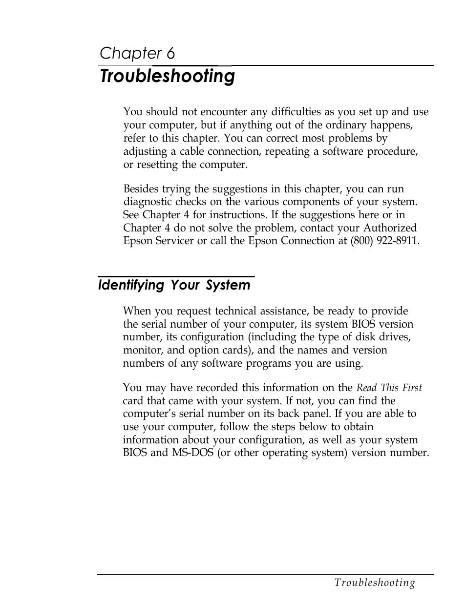 Chap 6-troubleshooting, Indentifying your system, Troubleshooting | Chapter 6, Ldentifying your system | Epson Endeavor User Manual | Page 130 / 197