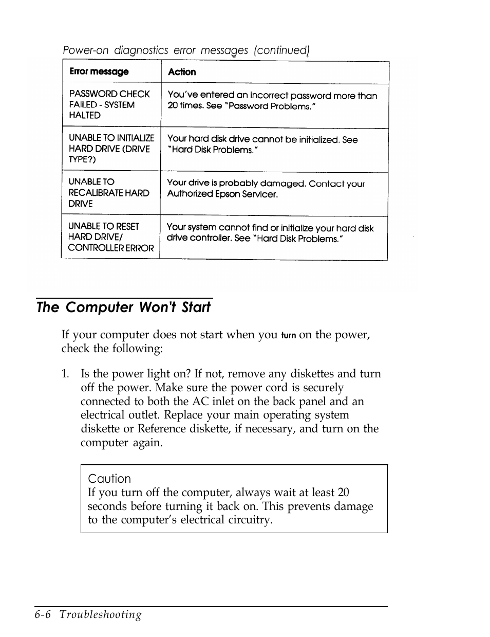 The computer won't start | Epson Endeavor User Manual | Page 135 / 197