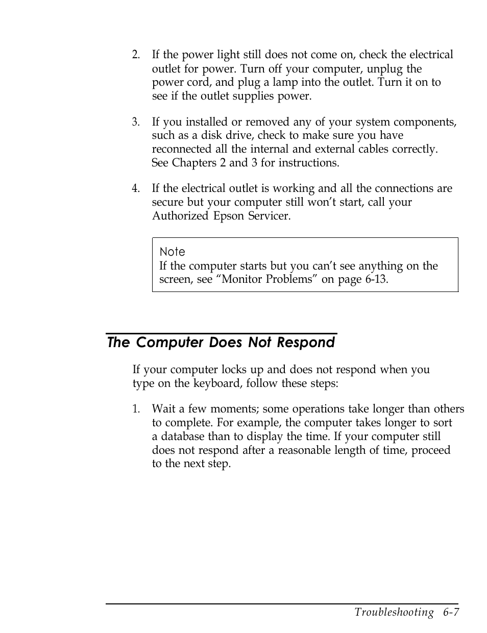 The computer does not respond | Epson Endeavor User Manual | Page 136 / 197