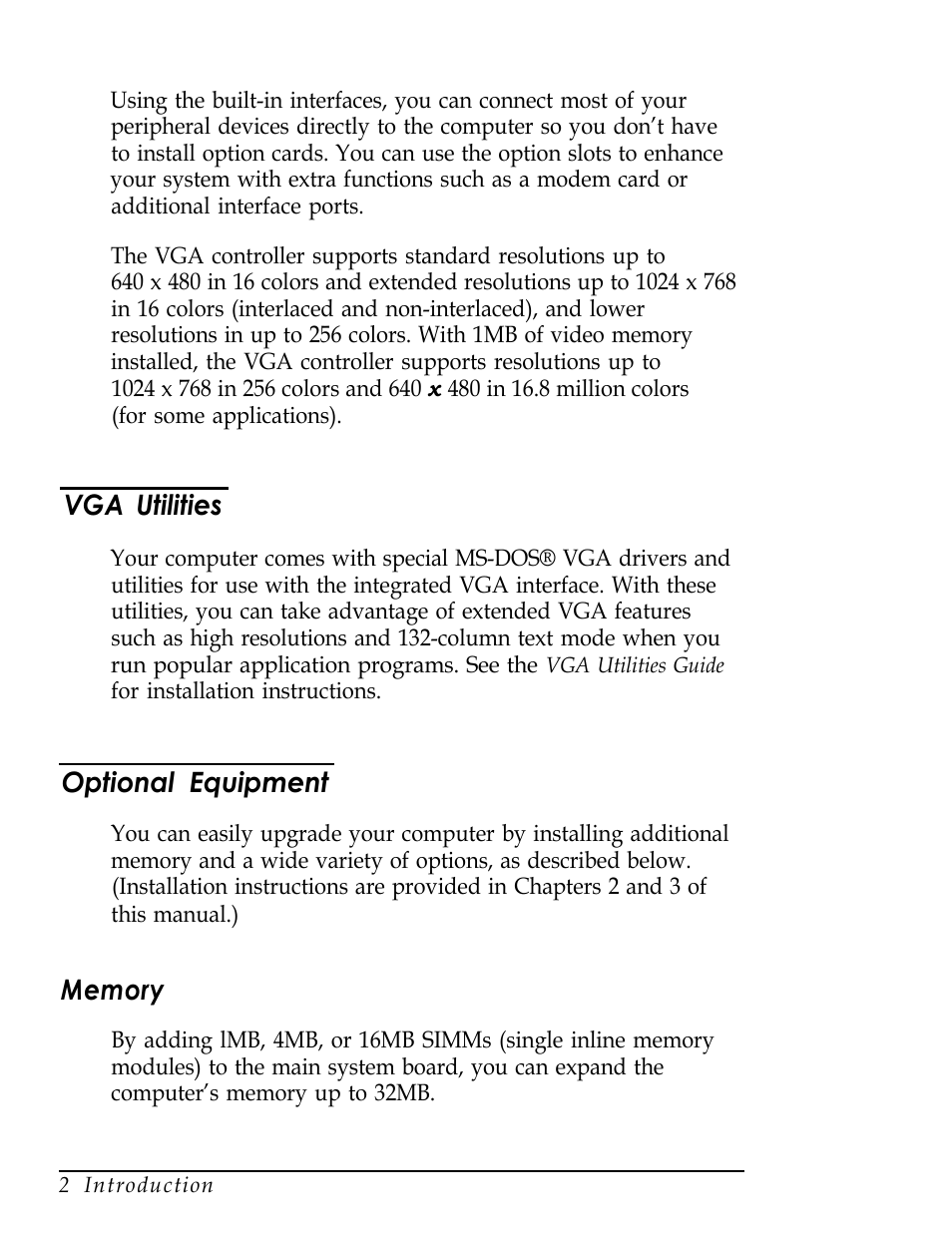 Vga utilities, Optional equipment, Memory | Epson Endeavor User Manual | Page 14 / 197