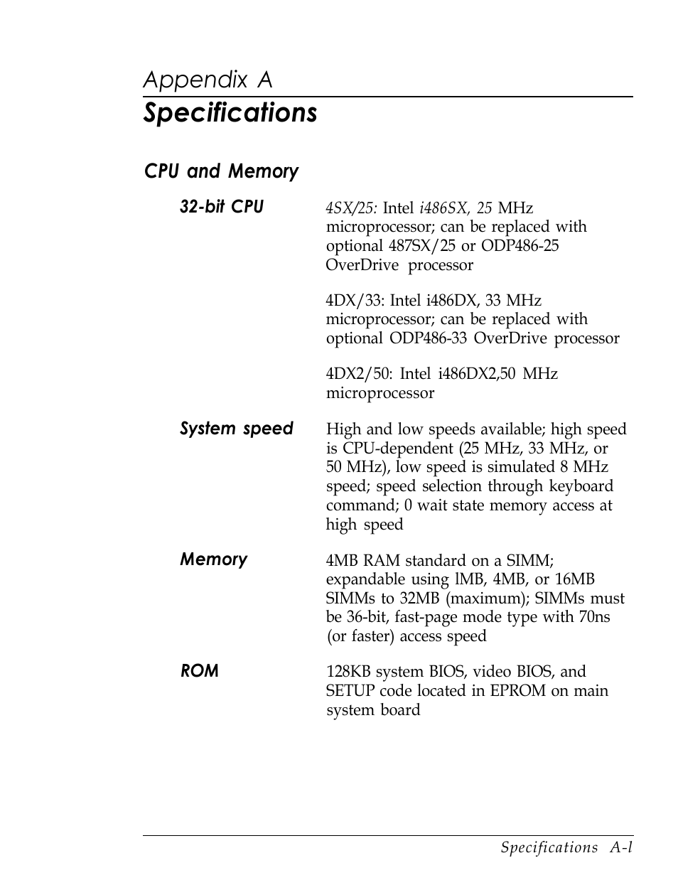 Appendix a-specifications, Cpu and memory, Specifications | Appendix a | Epson Endeavor User Manual | Page 155 / 197