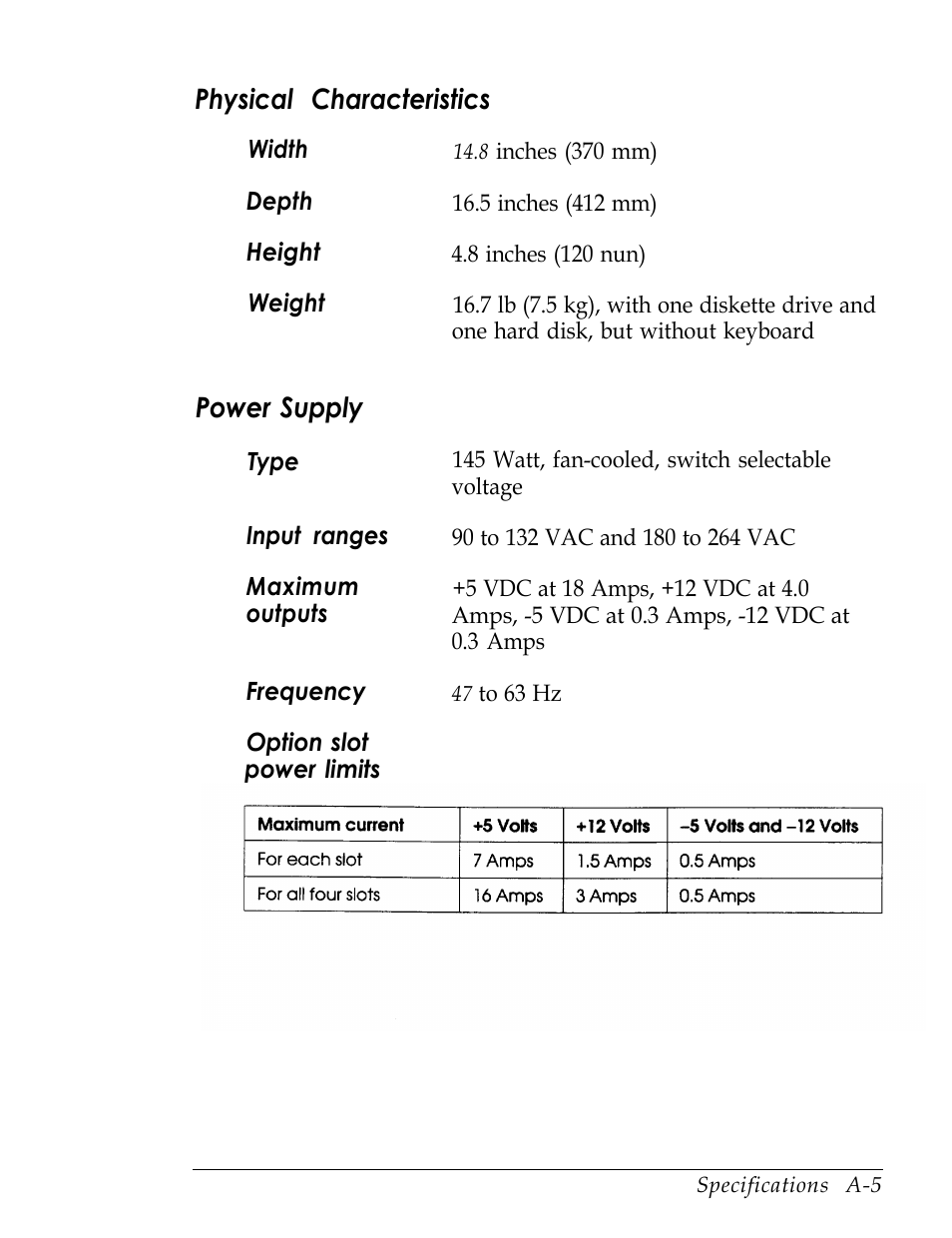 Physical characteristics, Power supply | Epson Endeavor User Manual | Page 159 / 197