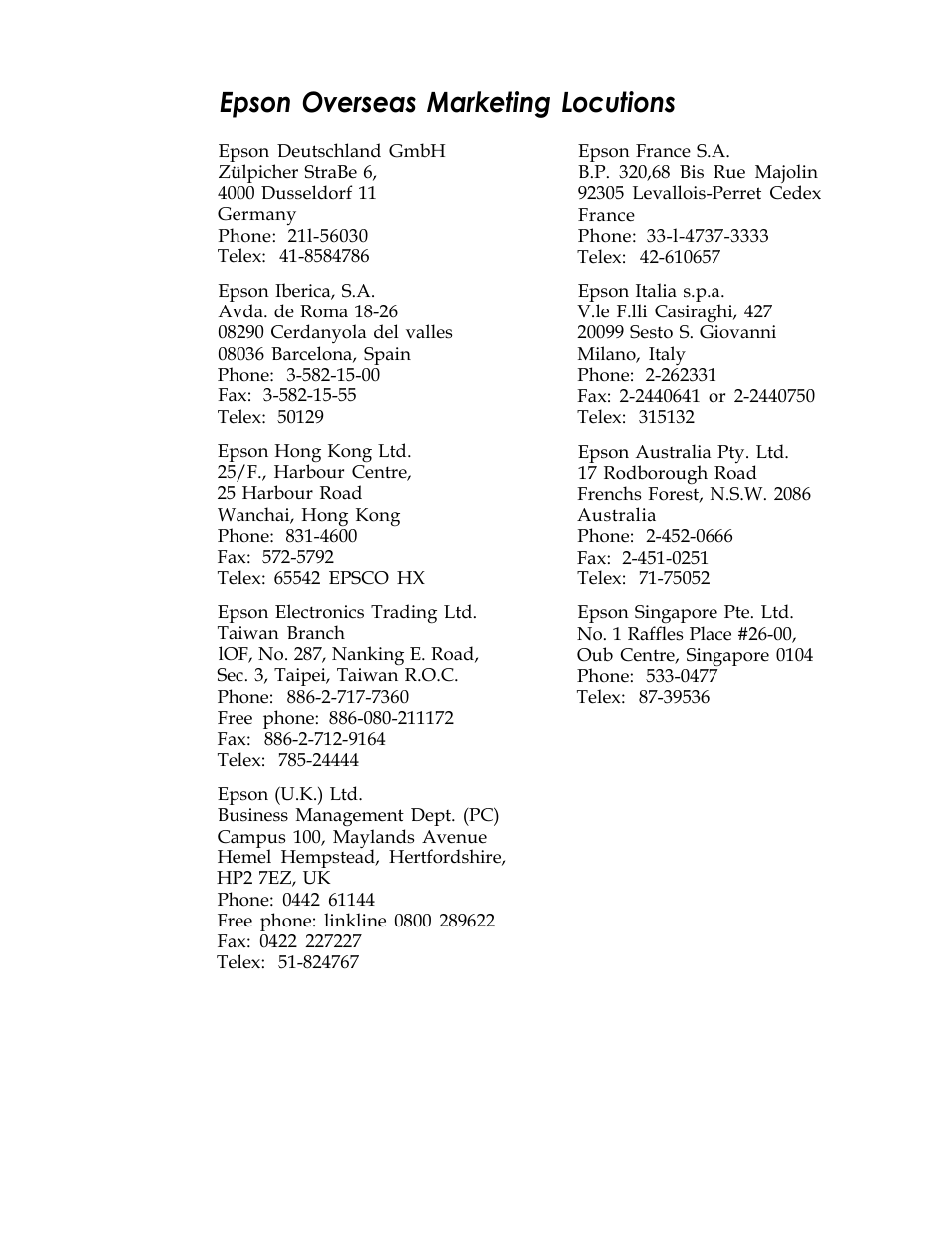 Epson overseas marketing locutions | Epson Endeavor User Manual | Page 196 / 197