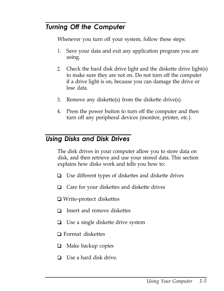 Turning off the computer, Using disks and disk drives | Epson Endeavor User Manual | Page 21 / 197