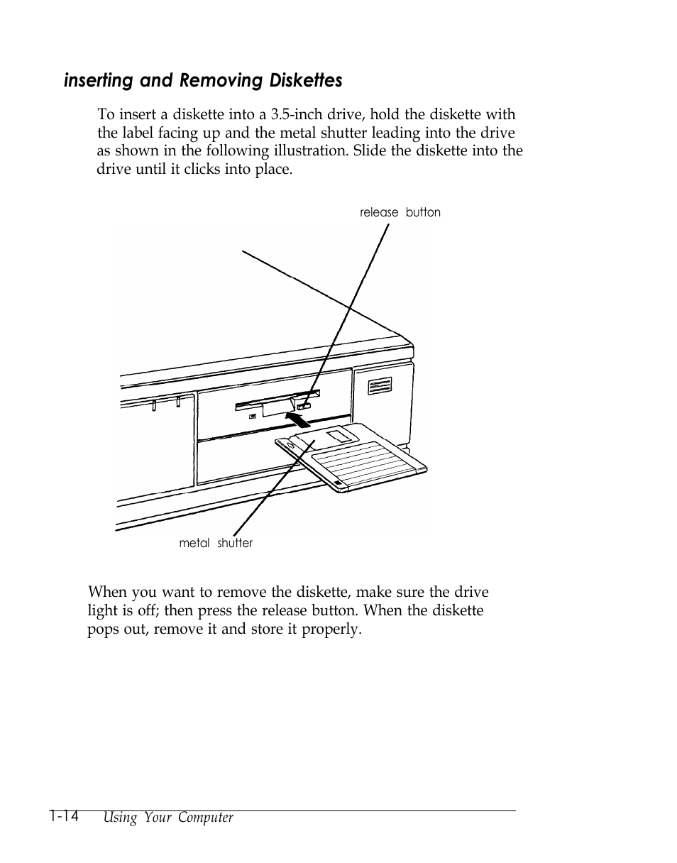 Inserting and removing diskettes, L-14 | Epson Endeavor User Manual | Page 30 / 197