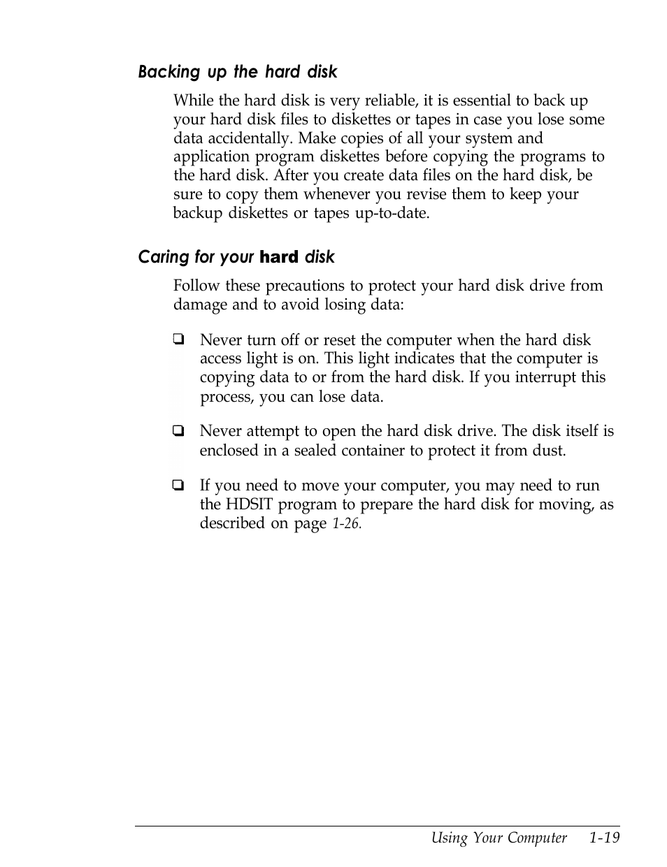 Backing up the hard disk, Caring for your hard disk | Epson Endeavor User Manual | Page 35 / 197