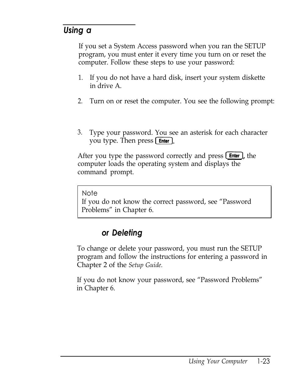 Using a password, Changing or deleting a password, L-23 | Password, Changing, A password, Using a, Or deleting | Epson Endeavor User Manual | Page 39 / 197