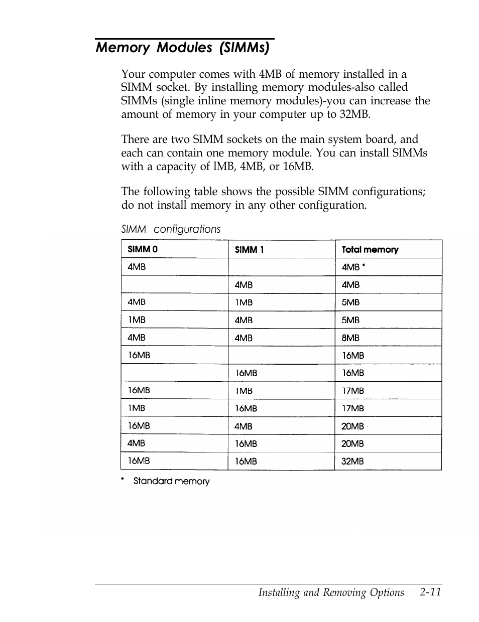 Memory modules (simms) | Epson Endeavor User Manual | Page 54 / 197