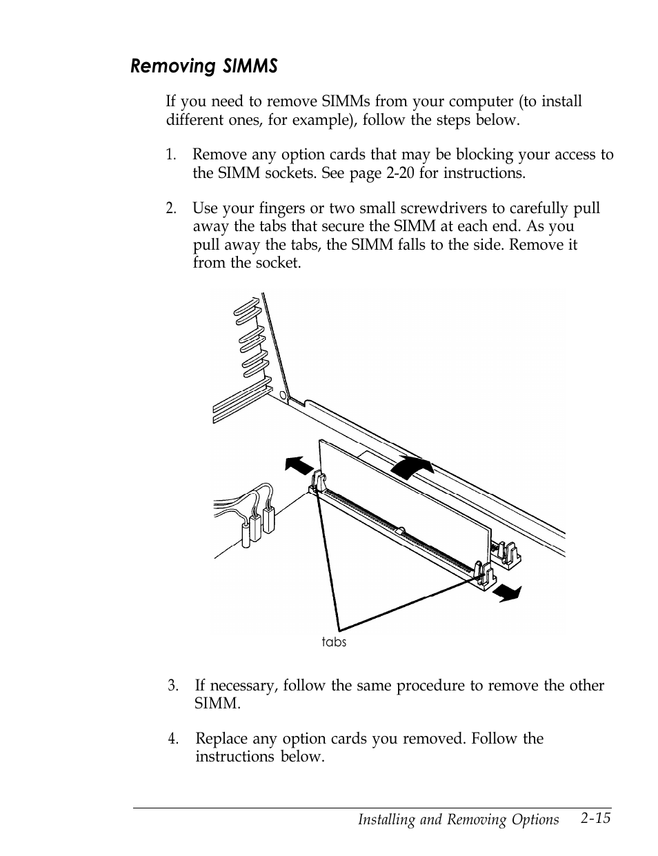 Removing simms | Epson Endeavor User Manual | Page 58 / 197