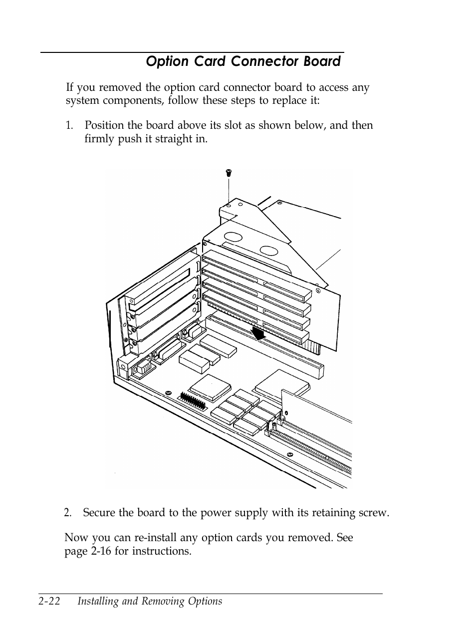 Replacing the option card connector board, Replacing the, Option card connector board | Epson Endeavor User Manual | Page 65 / 197