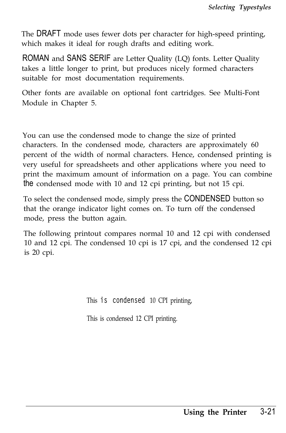 Condensed mode, Draft, Roman | Sans serif, Condensed, This is 10 cpi printing, This is 12 cpi printing | Epson 4500 User Manual | Page 100 / 317