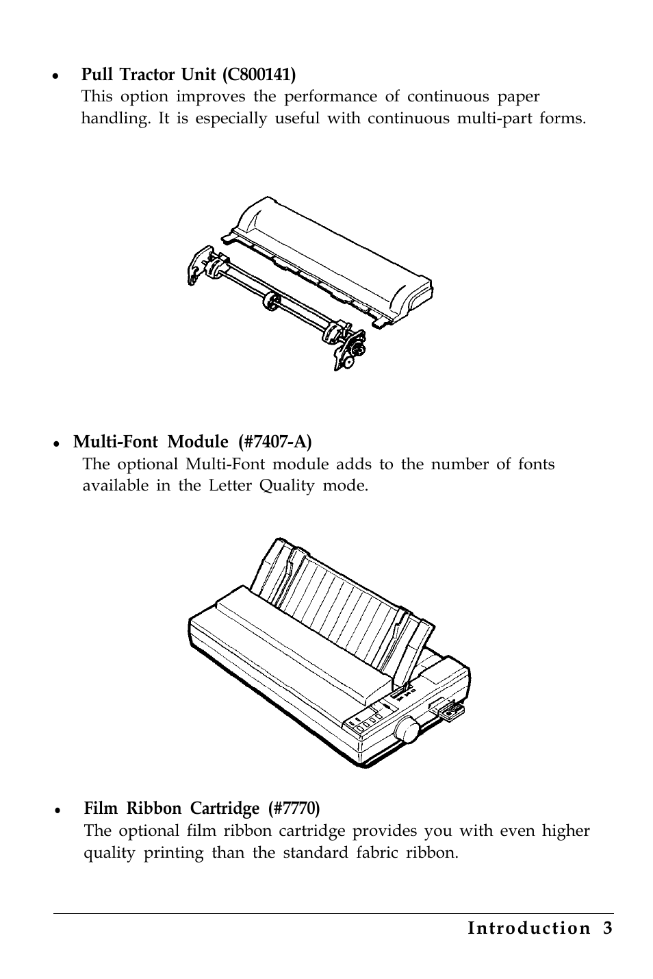 Introduction, Multi-font module (#7407-a), Film ribbon cartridge (#7770) | Introduction 3 | Epson 4500 User Manual | Page 19 / 317