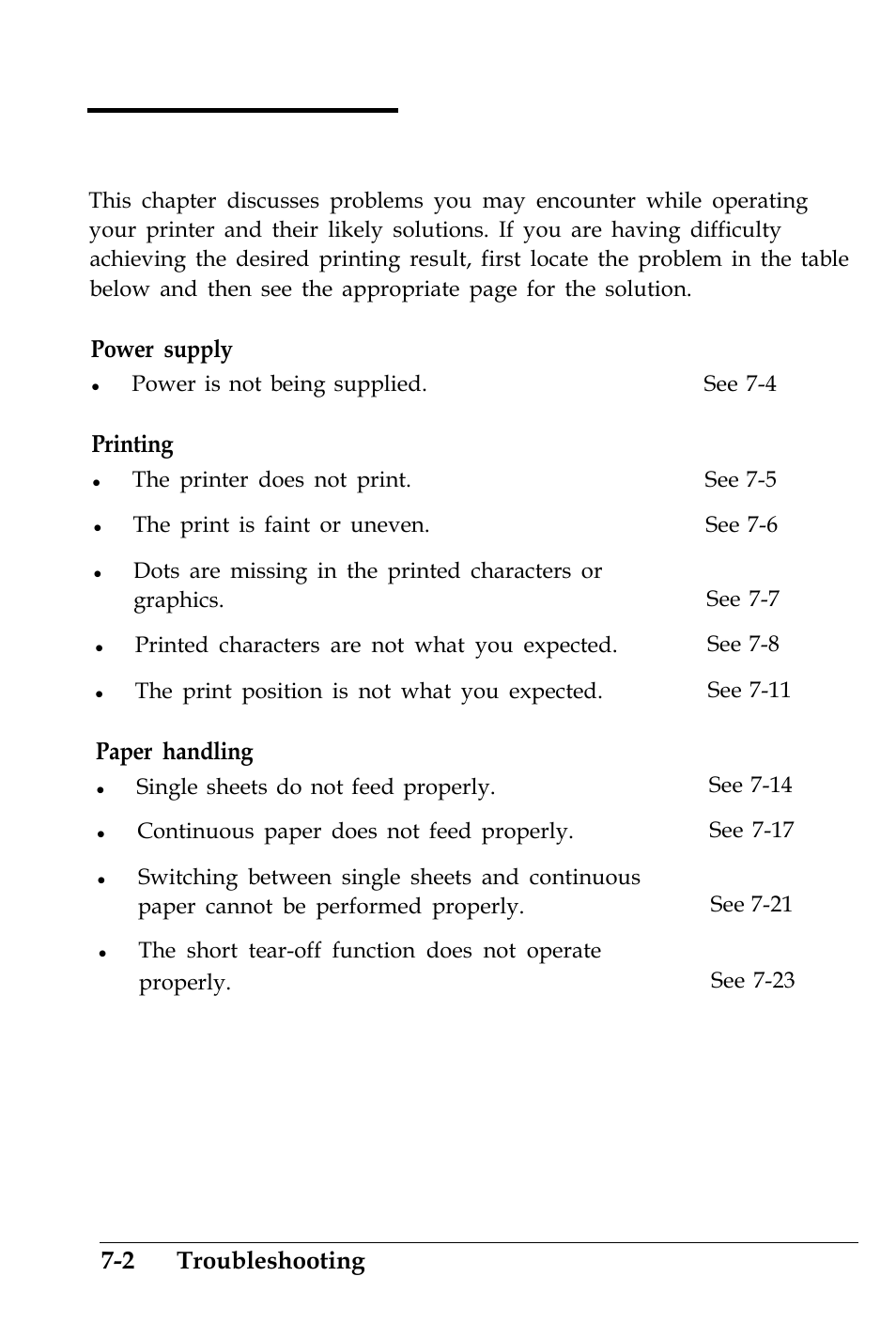 Problems and solutions, Power supply, Printing | Paper handling, 2 troubleshooting | Epson 4500 User Manual | Page 204 / 317