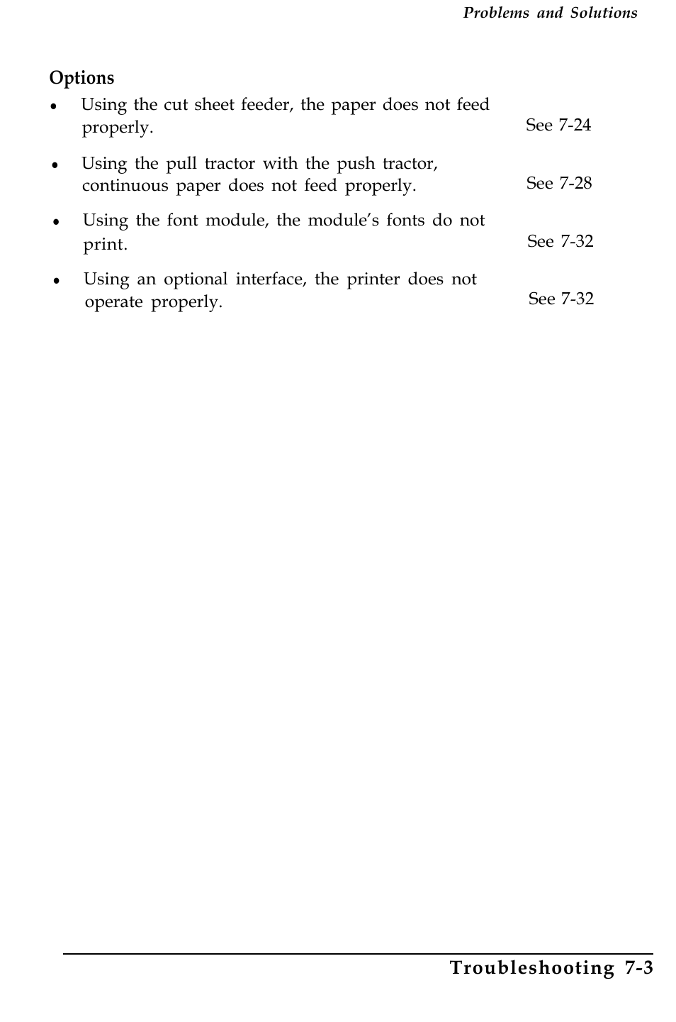 Options, Troubleshooting 7-3 | Epson 4500 User Manual | Page 205 / 317