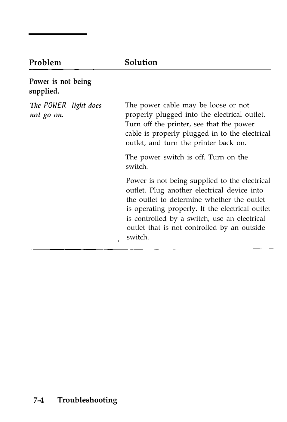 Power supply, Problem solution | Epson 4500 User Manual | Page 206 / 317