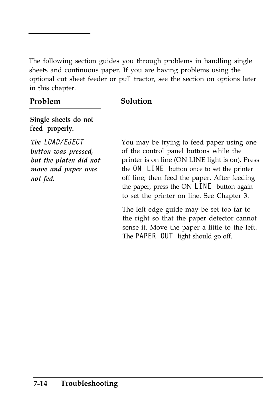 Paper handling, Problem solution | Epson 4500 User Manual | Page 216 / 317