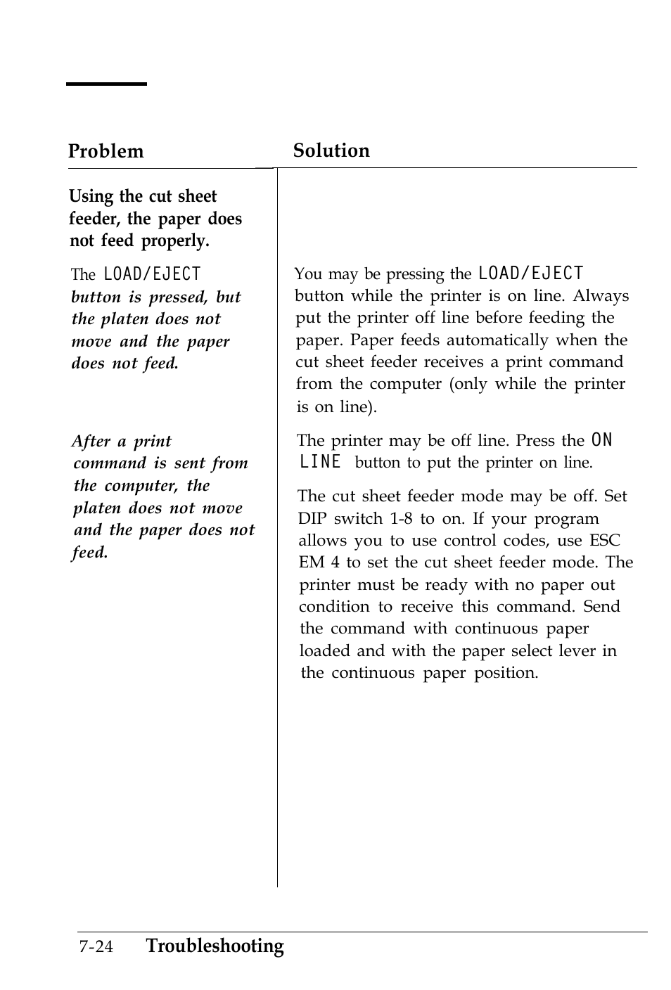 Options, Problem, Solution | Troubleshooting | Epson 4500 User Manual | Page 226 / 317