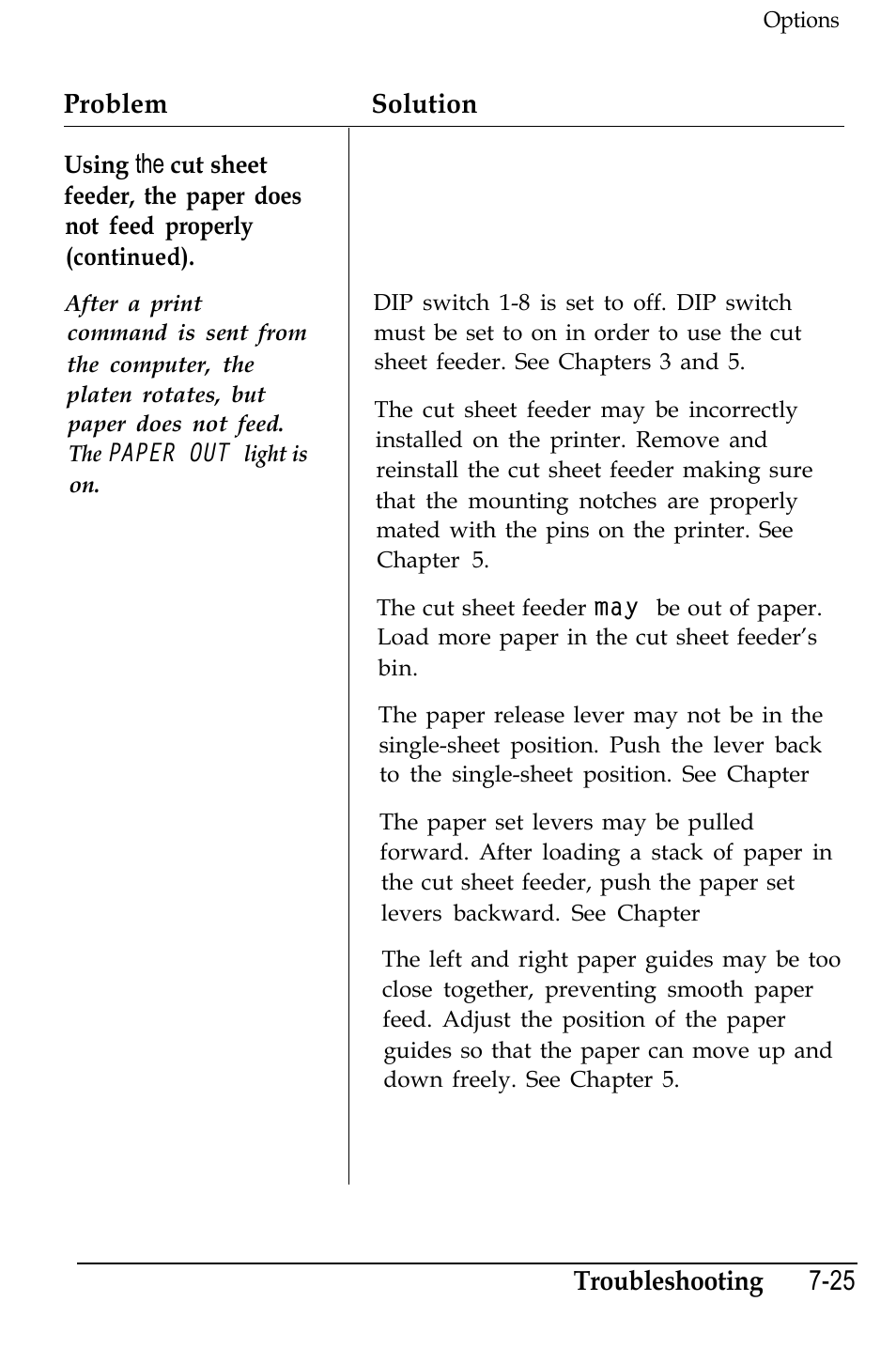 Problem solution, Troubleshooting 7-25 | Epson 4500 User Manual | Page 227 / 317