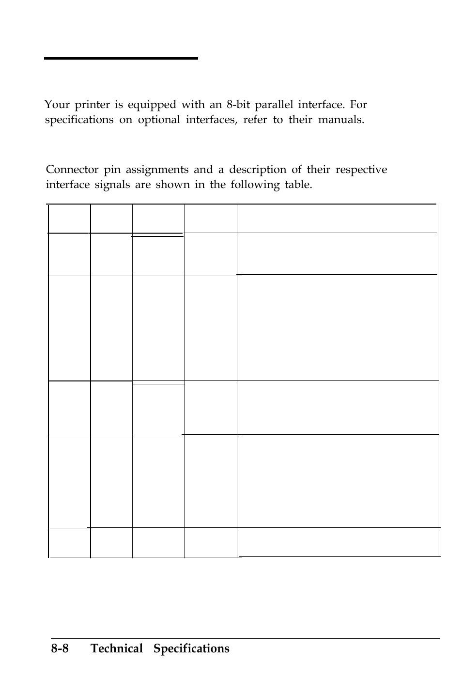 Interface specifications, Pin assignments for the parallel interface, 8 technical specifications | Epson 4500 User Manual | Page 244 / 317