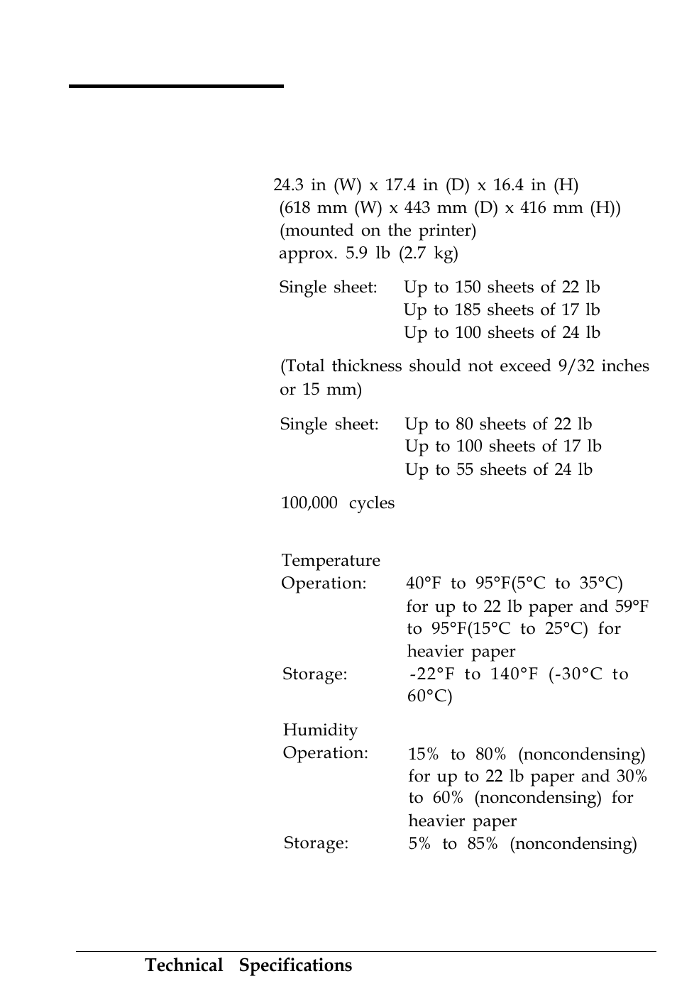 Option specifications, Single-bin cut sheet feeder (optional) | Epson 4500 User Manual | Page 248 / 317