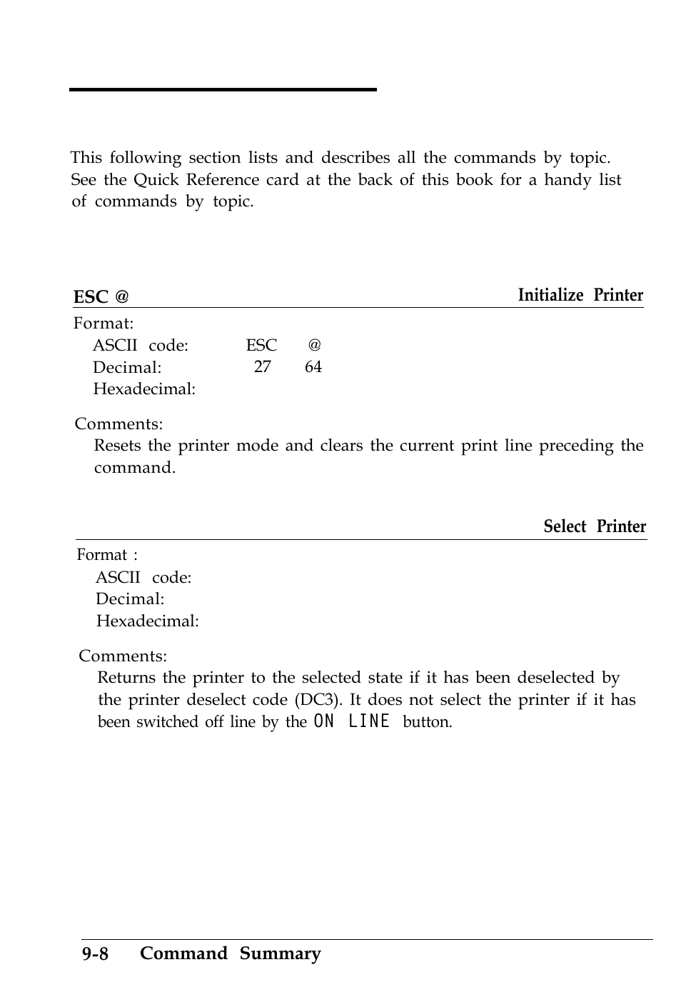 Commands arranged by topic, Printer operation, 1b 40 | Epson 4500 User Manual | Page 259 / 317