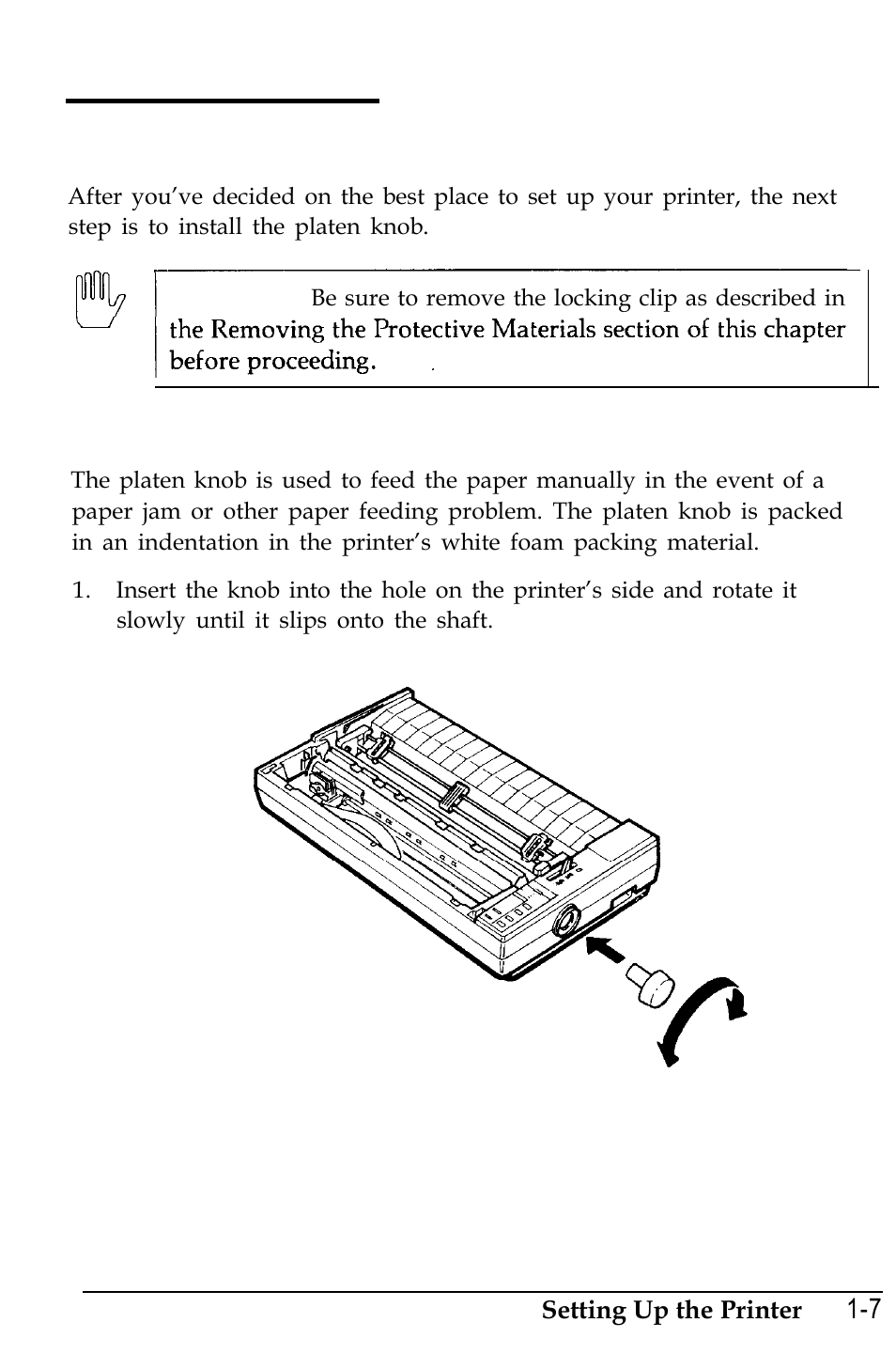 Assembling the printer, Installing the platen knob | Epson 4500 User Manual | Page 29 / 317
