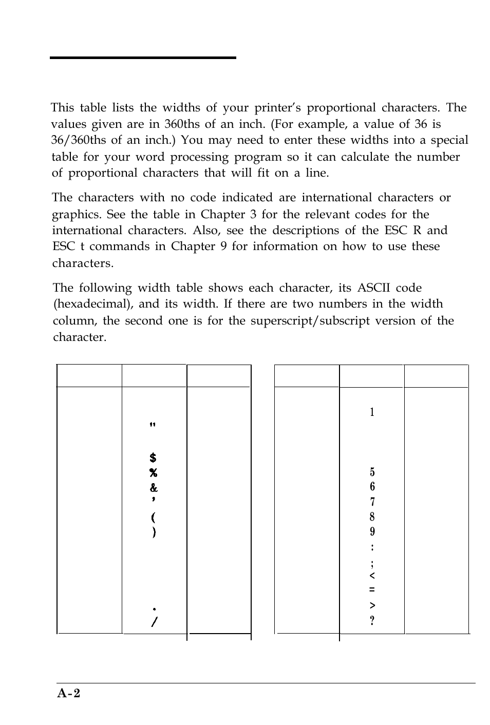 Proportional width table | Epson 4500 User Manual | Page 293 / 317