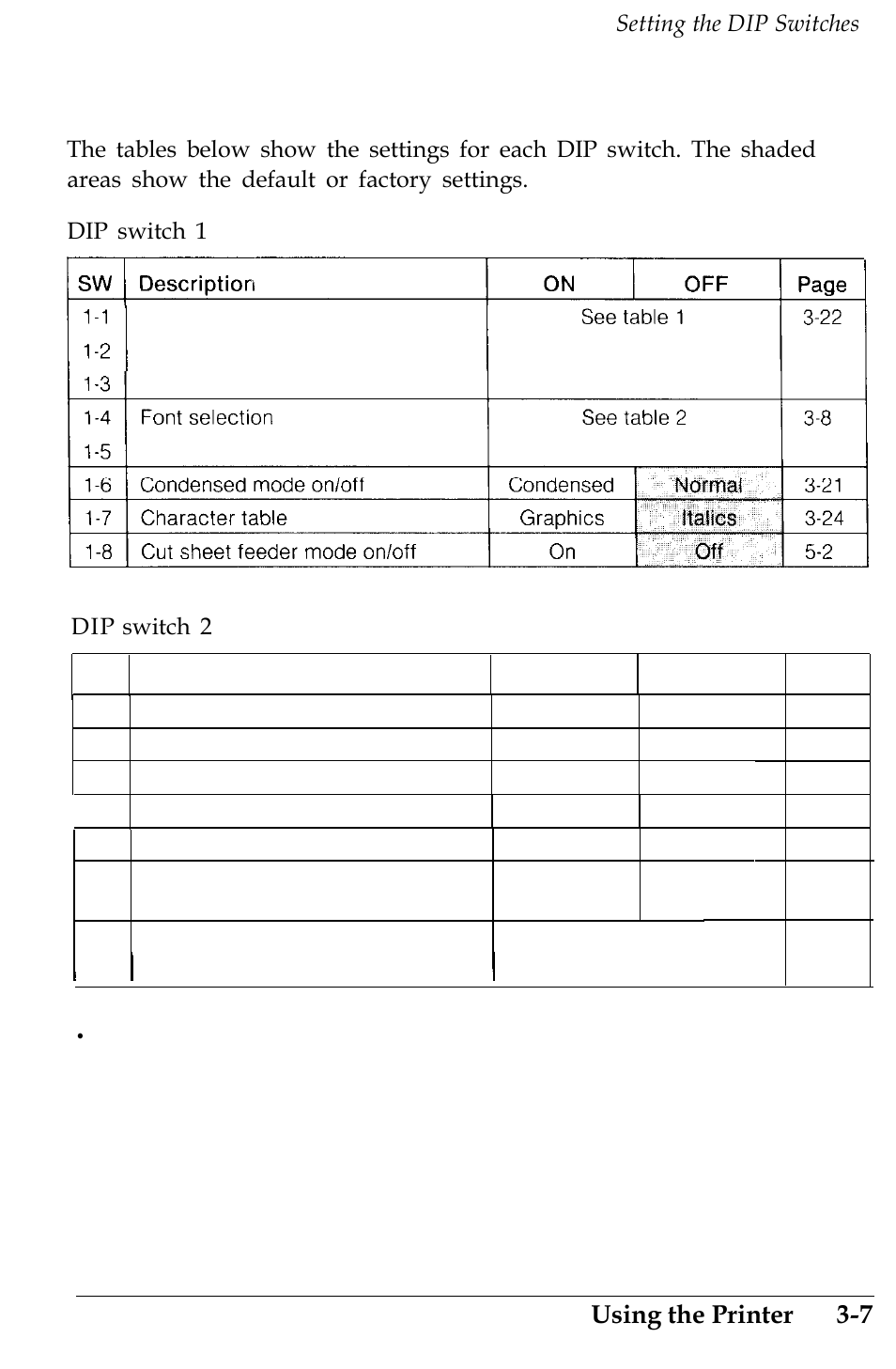 The dip switch tables, Using the printer 3-7 | Epson 4500 User Manual | Page 86 / 317