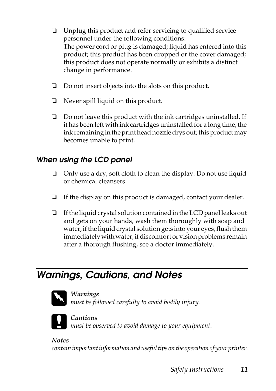 Warnings, cautions, and notes | Epson STYLUS RX500 User Manual | Page 11 / 99