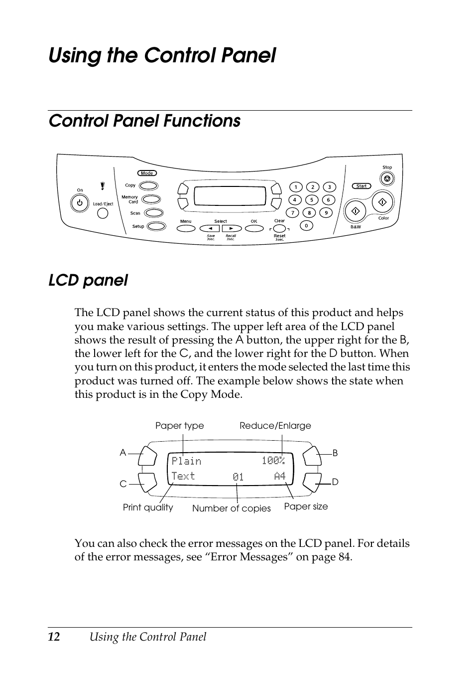 Using the control panel, Control panel functions, Lcd panel | Epson STYLUS RX500 User Manual | Page 12 / 99