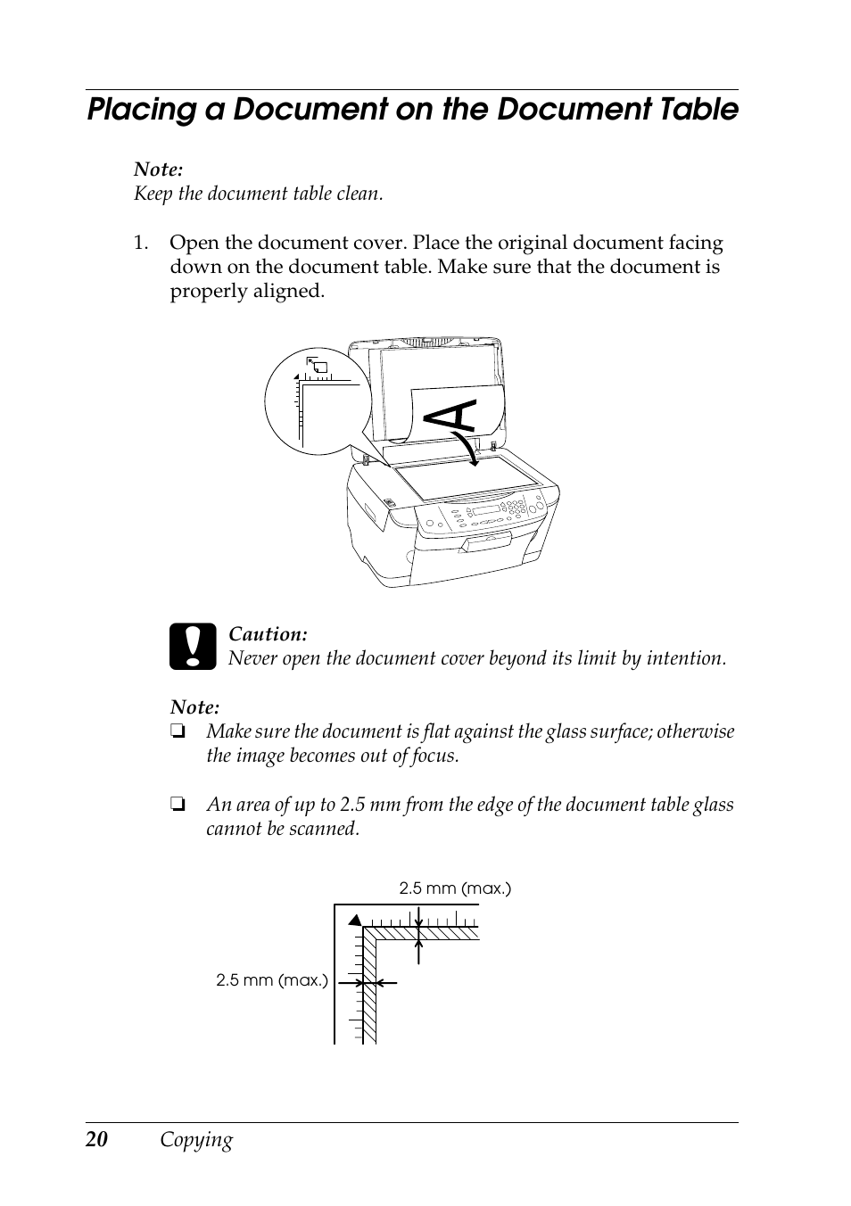 Placing a document on the document table | Epson STYLUS RX500 User Manual | Page 20 / 99