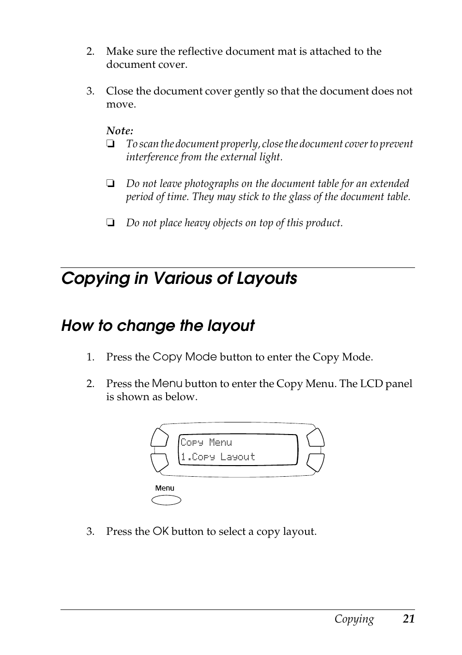 Copying in various of layouts, How to change the layout | Epson STYLUS RX500 User Manual | Page 21 / 99