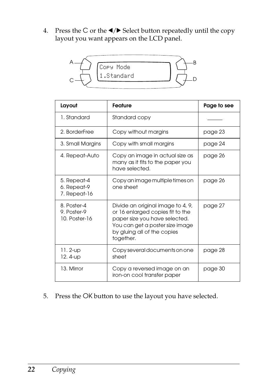 Copying, Copy mode 1.standard | Epson STYLUS RX500 User Manual | Page 22 / 99