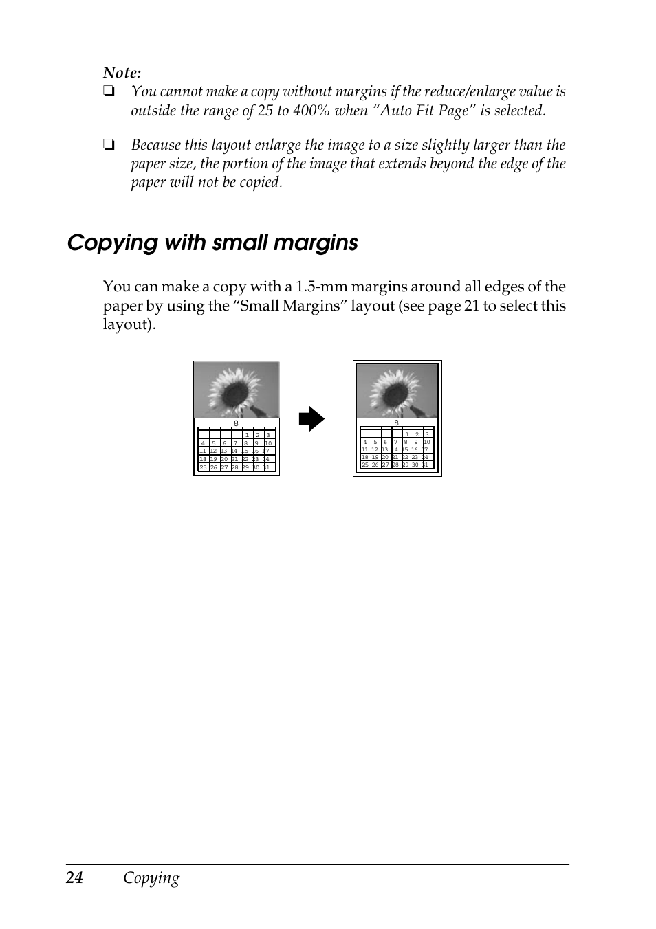 Copying with small margins, Copying | Epson STYLUS RX500 User Manual | Page 24 / 99