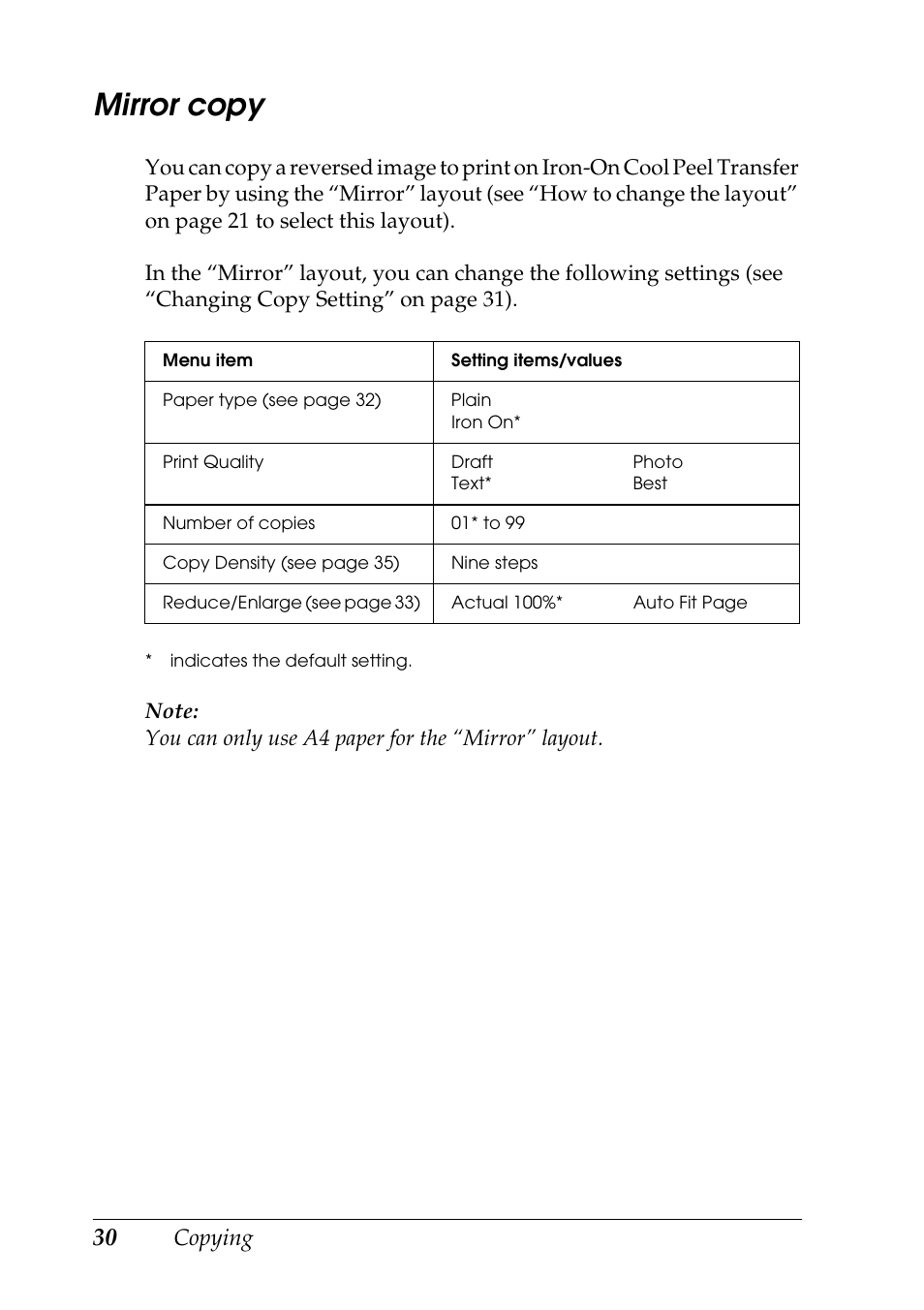 Mirror copy, Copying | Epson STYLUS RX500 User Manual | Page 30 / 99