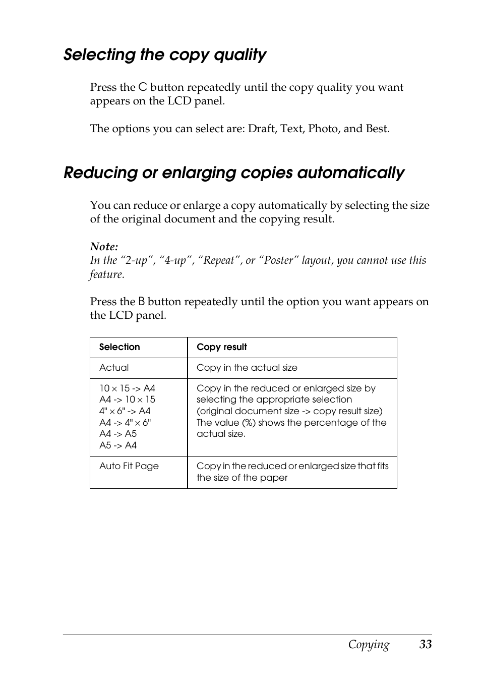 Selecting the copy quality, Reducing or enlarging copies automatically | Epson STYLUS RX500 User Manual | Page 33 / 99