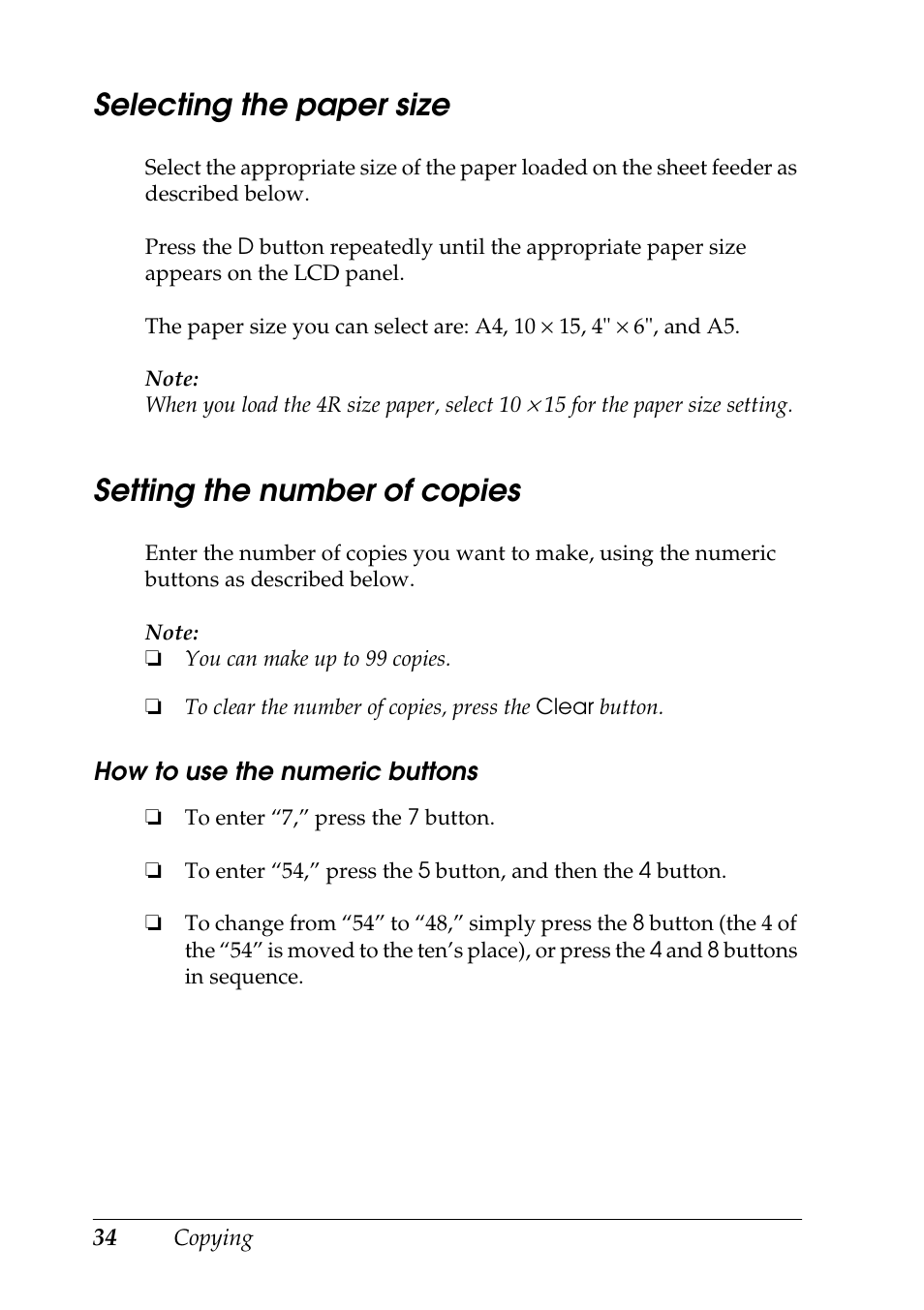 Selecting the paper size, Setting the number of copies | Epson STYLUS RX500 User Manual | Page 34 / 99