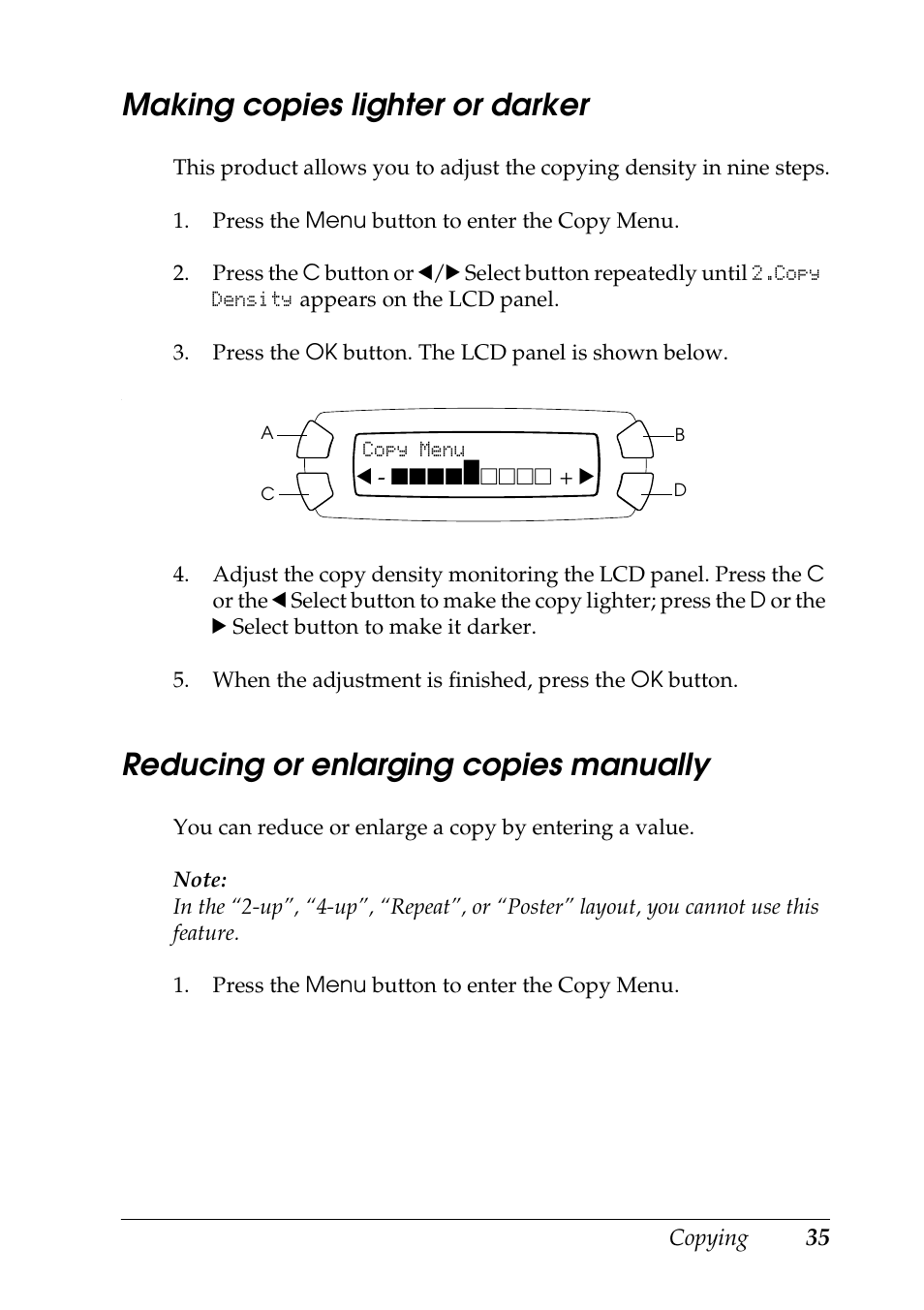 Making copies lighter or darker, Reducing or enlarging copies manually | Epson STYLUS RX500 User Manual | Page 35 / 99