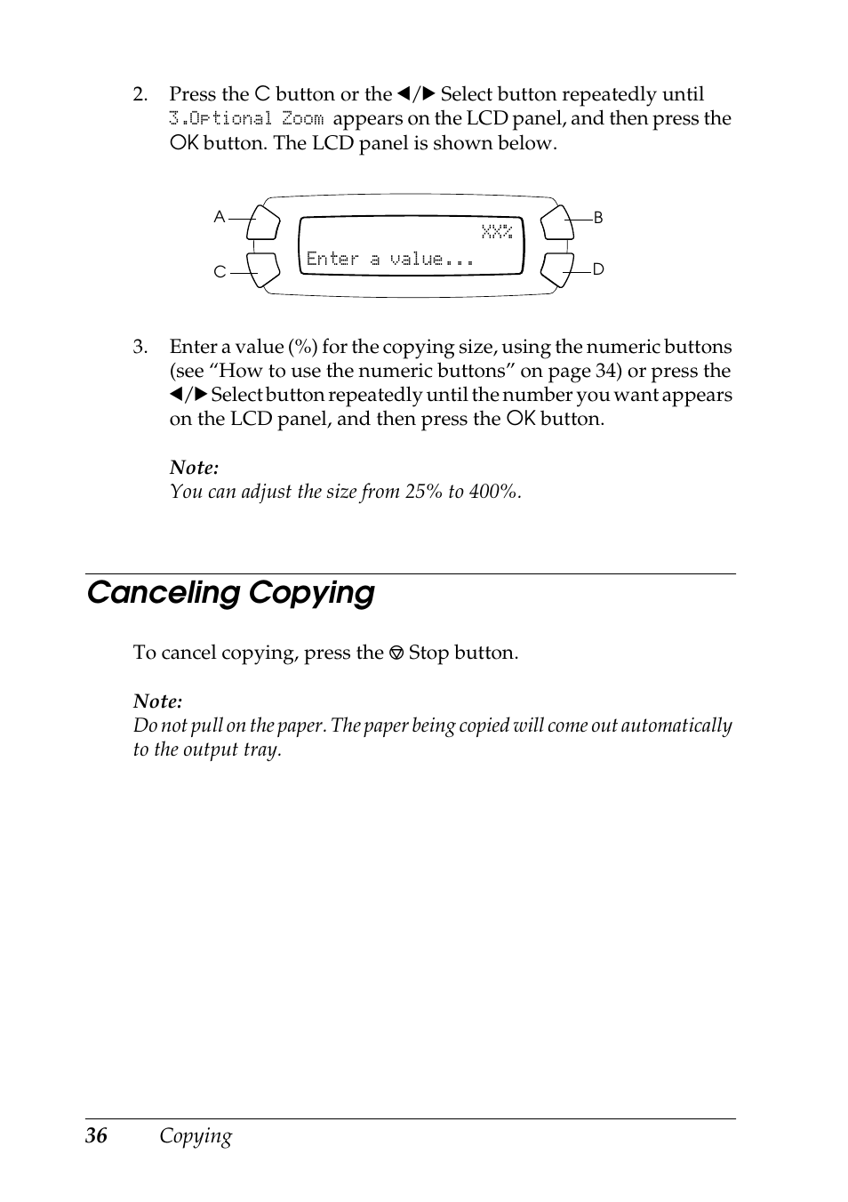 Canceling copying | Epson STYLUS RX500 User Manual | Page 36 / 99