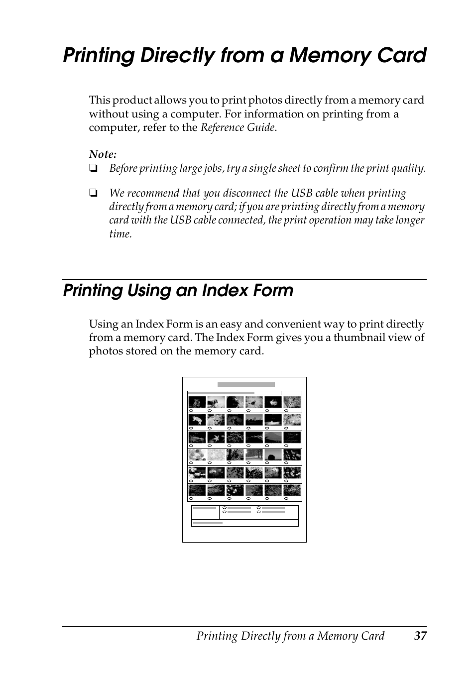 Printing directly from a memory card, Printing using an index form | Epson STYLUS RX500 User Manual | Page 37 / 99