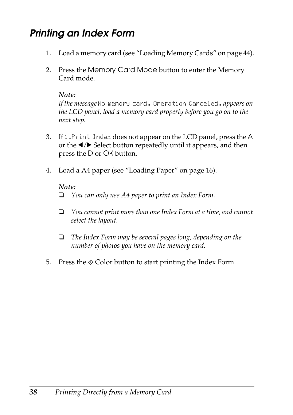 Printing an index form | Epson STYLUS RX500 User Manual | Page 38 / 99