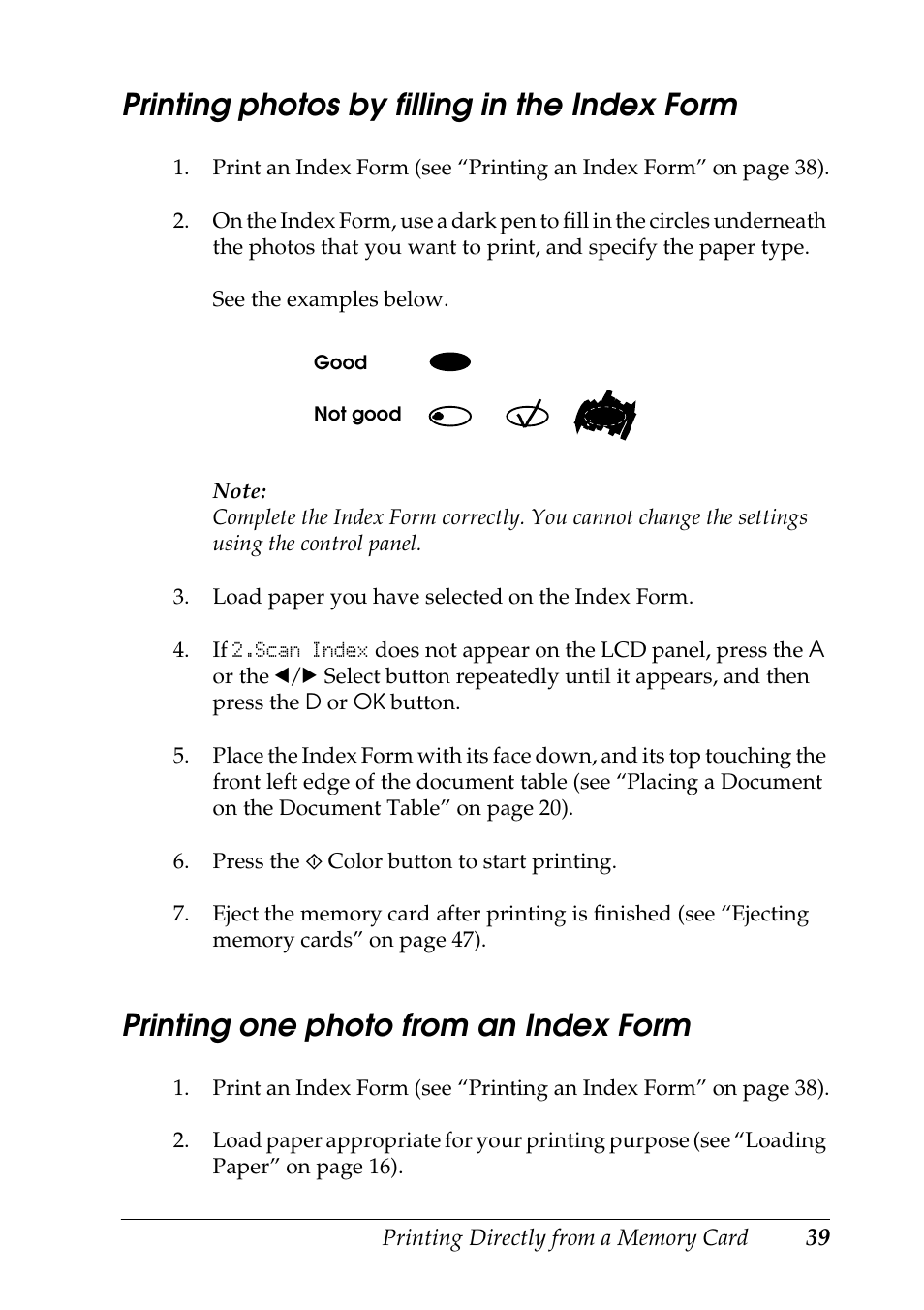 Printing photos by filling in the index form, Printing one photo from an index form | Epson STYLUS RX500 User Manual | Page 39 / 99